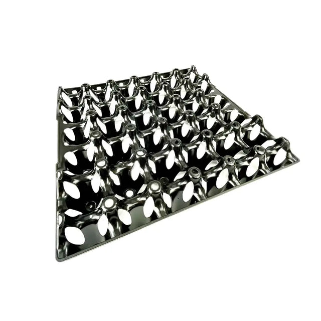 Shiny black metal bec egg tray with oval-shaped compartments for securely holding eggs in a grid layout