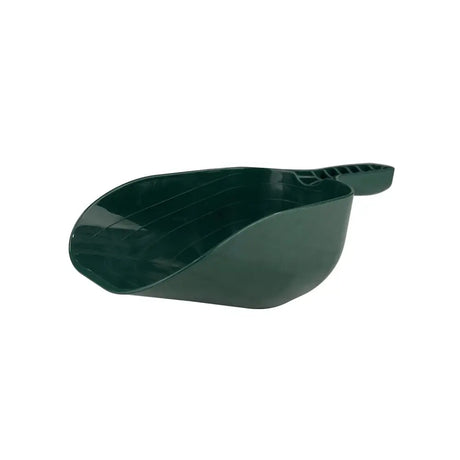 Dark green plastic bec feed scoop with textured grip handle for easy feed scooping in the garden