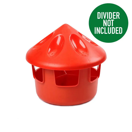 Bright red plastic bec grit feeder station with conical roof and multiple feeding slots without divider