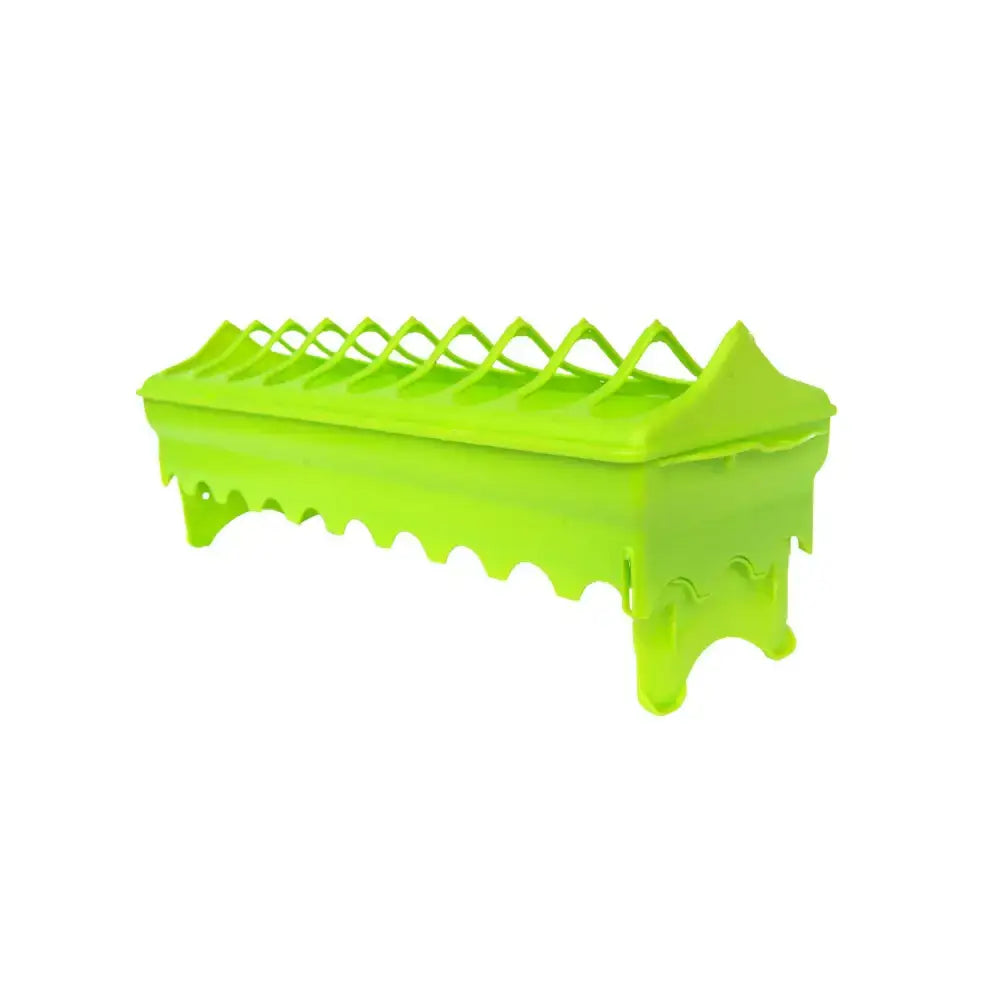 Bright lime green plastic bec linear feeder dish rack with scalloped edge and diamond-shaped slots for plates