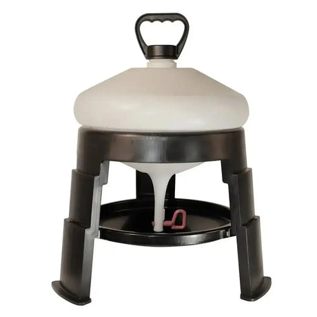 Black plastic bec tripod drinker with solid tripod base stabilised polypropylene white translucent top and pink feed dispenser