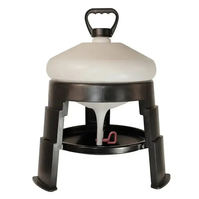 Black plastic bec tripod drinker with solid tripod base stabilised polypropylene white translucent top and pink feed dispenser