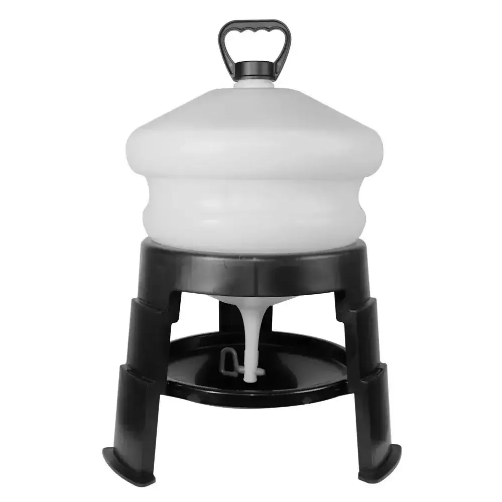 White plastic bec tripod drinker with black handle and solid tripod base made from stabilised polypropylene