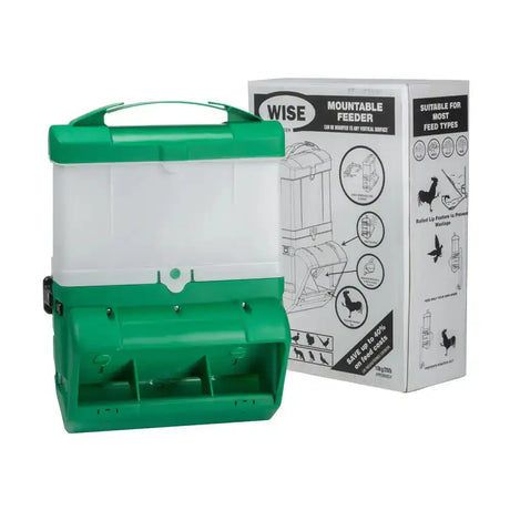 Green and white plastic bec wise feeder mountable with a handle on top an innovative product designed for easy use