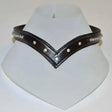 Black leather choker with silver rhinestone studs in a v design featuring quality german leather becker browbands diamante v