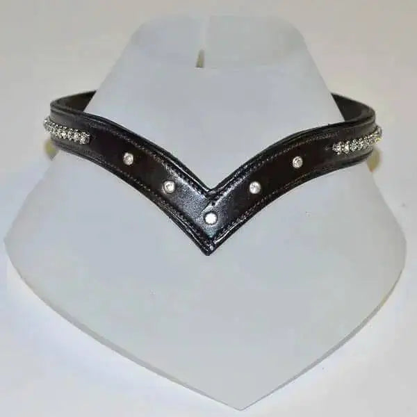Black leather choker with silver rhinestone studs in a v design featuring quality german leather becker browbands diamante v