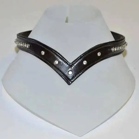 Black leather choker with silver rhinestone studs in a v design featuring quality german leather becker browbands diamante v