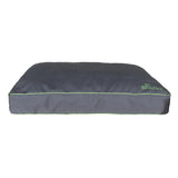 Dark gray beddies waterproof mattress dog bed with lime green stitching and embroidered logo for easy cleaning