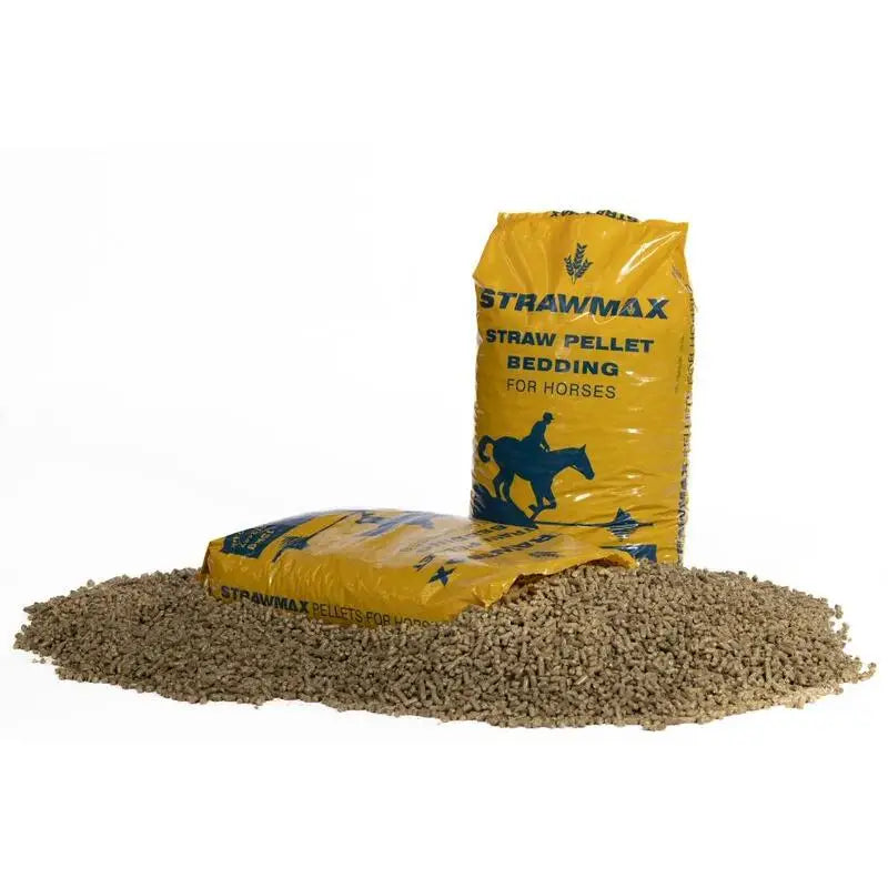 Yellow bedmax strawmax straw bags with grayish brown straw pellet equine bedding for horses shown upright and lying down
