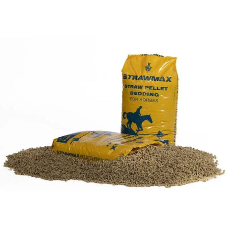 Yellow bedmax strawmax straw bags with grayish brown straw pellet equine bedding for horses shown upright and lying down