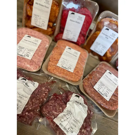 Packaged ground beef in clear plastic with white label and black text from beeshill farm sausages farm sausages