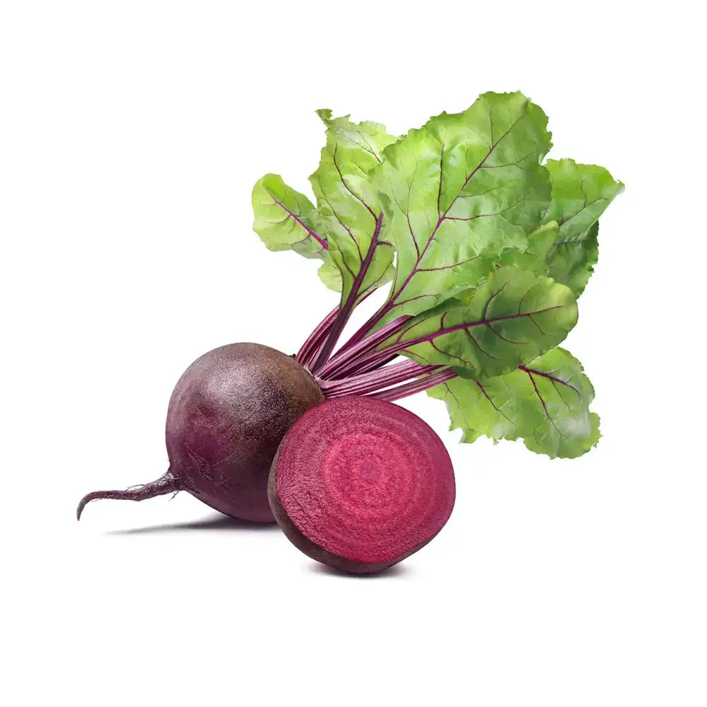 A vibrant purple beetroot vac packed with leafy green top and one sliced showing deep crimson interior