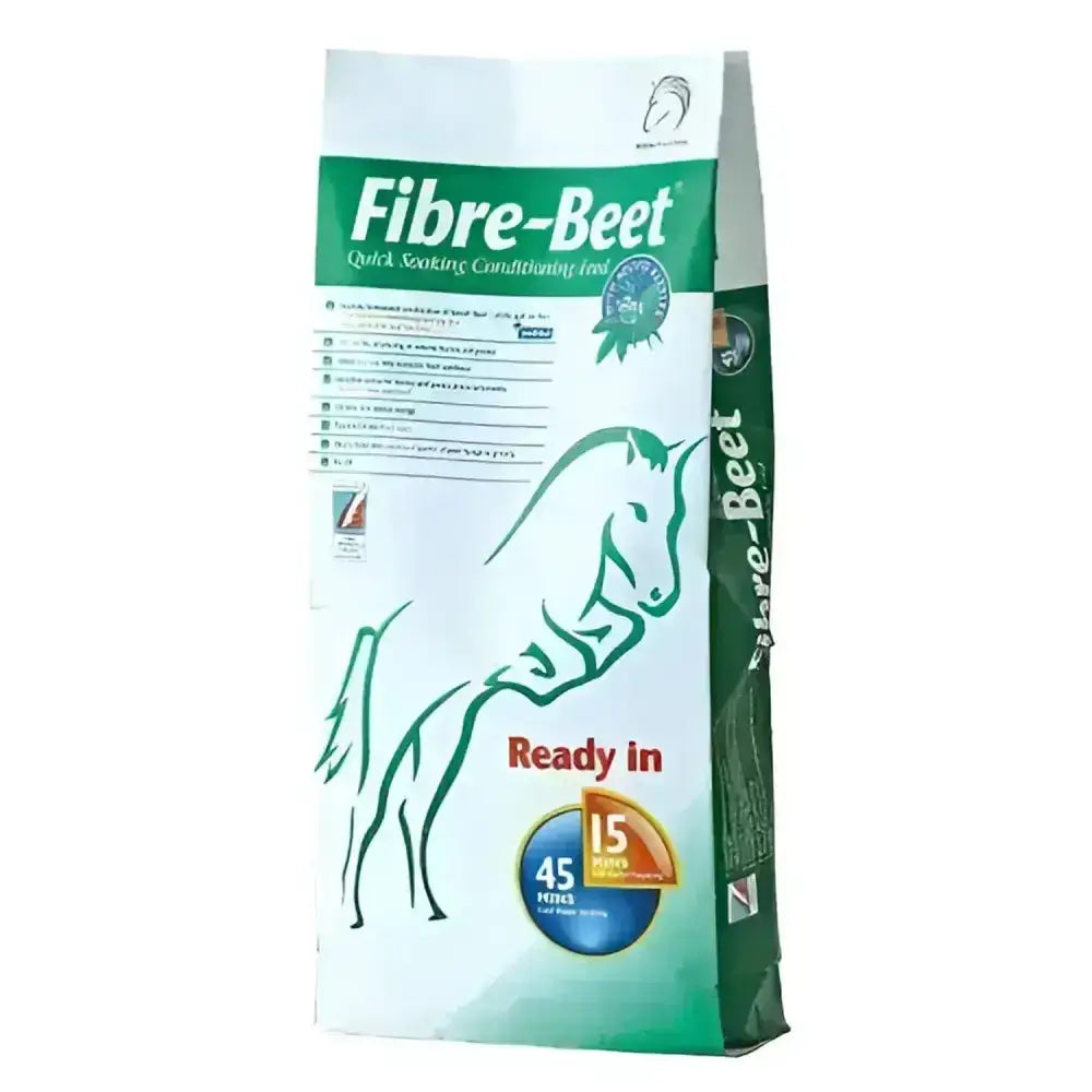 Green and white bag of bhf fibre beet alfalfa horse feed with stylized green horse outline for fiber and oat fibre supplemented nutrition