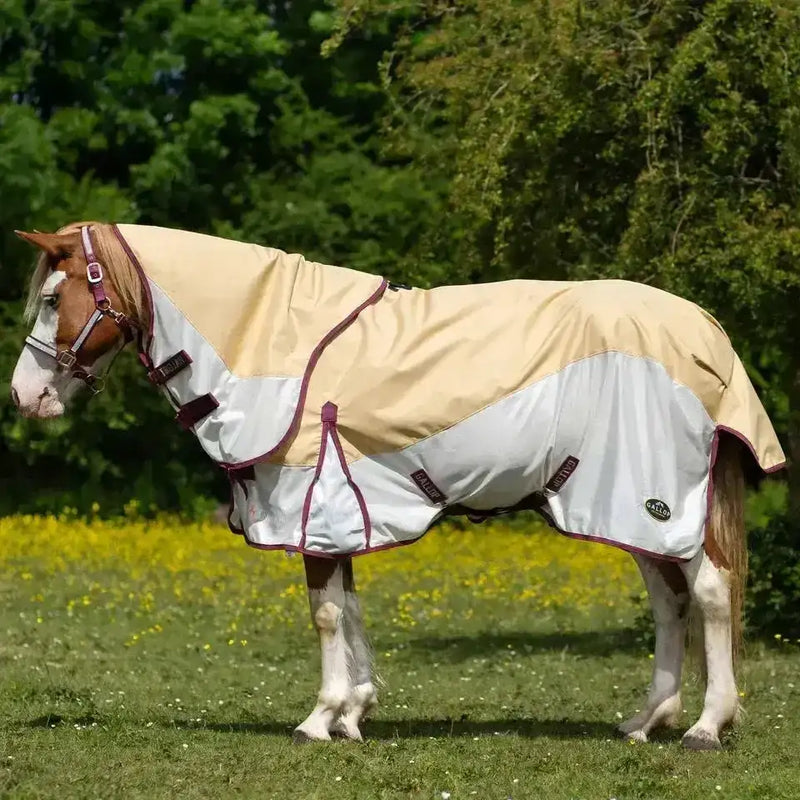 Beige and white two-tone gallop trojan fly waterproof fly rug with maroon trim for comfort and protection