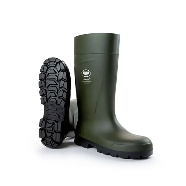 Olive green bekina boots steplite easygrip rubber safety boots with rugged black tread and reinforced toe cap
