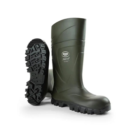 Olive green bekina boots steplitex with black textured soles durable rubber wellington boots steplitex solidgrip s5 safety