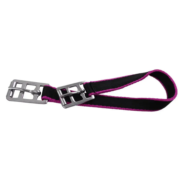 Black and magenta belly band driving harness strap with silver-toned metal girth buckles for driving harness parts