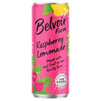 Pink aluminum can of belvoir farm canned raspberry lemonade with vibrant raspberries lemons and green leaves design