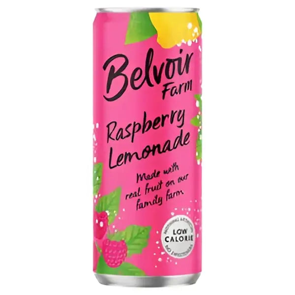 Pink aluminum can of belvoir farm canned raspberry lemonade with vibrant raspberries lemons and green leaves design