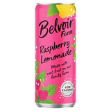 Pink aluminum can of belvoir farm canned raspberry lemonade with vibrant raspberries lemons and green leaves design
