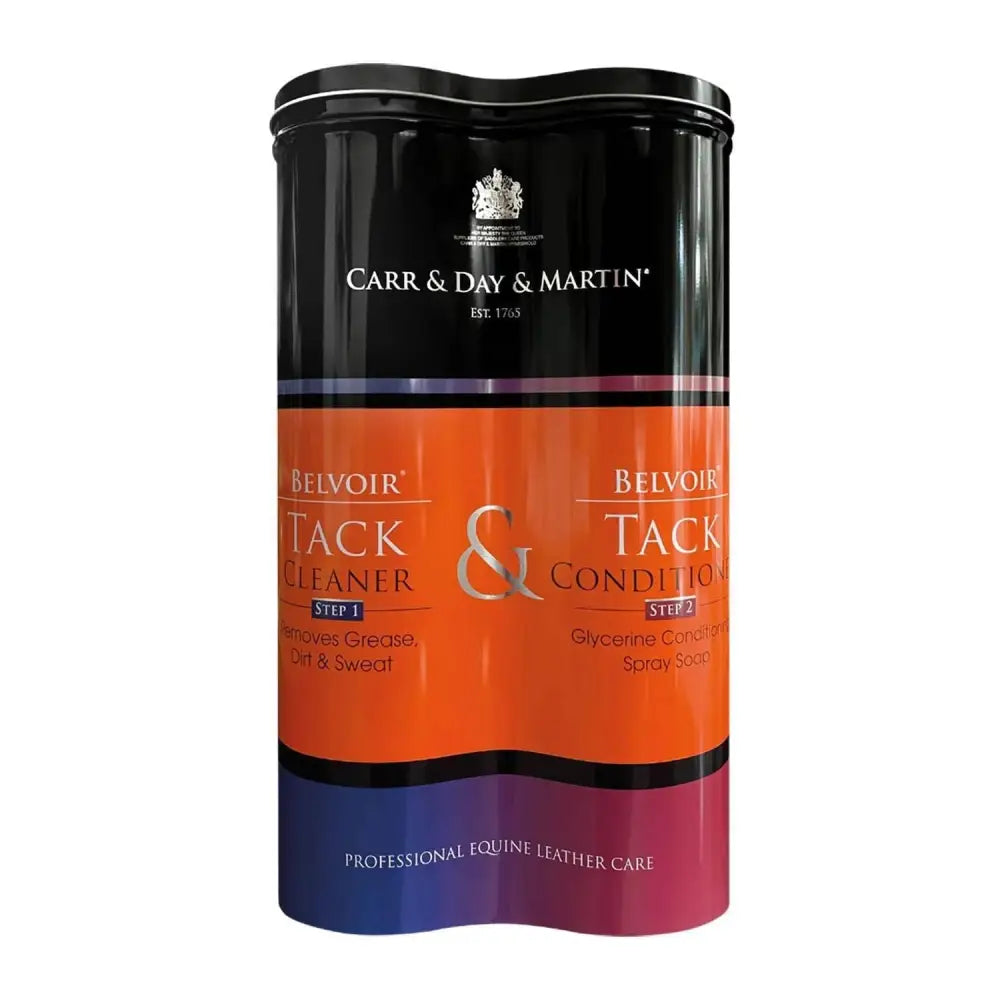 Belvoir tack cleaner duo gift pack in sleek black orange and purple tins gently lifts ingrained grease for tack care