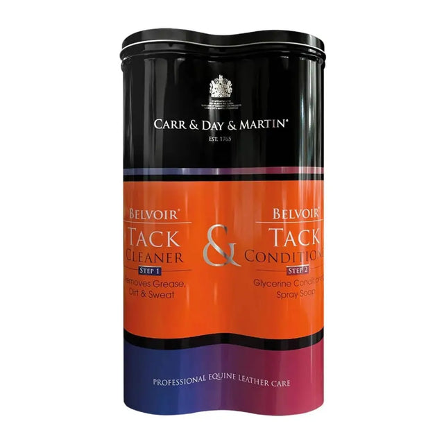 Belvoir tack cleaner duo gift pack in sleek black orange and purple tins gently lifts ingrained grease for tack care