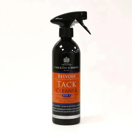 Black belvoir tack cleaner spray bottle with orange label for ingrained grease and rot stitching care 500ml