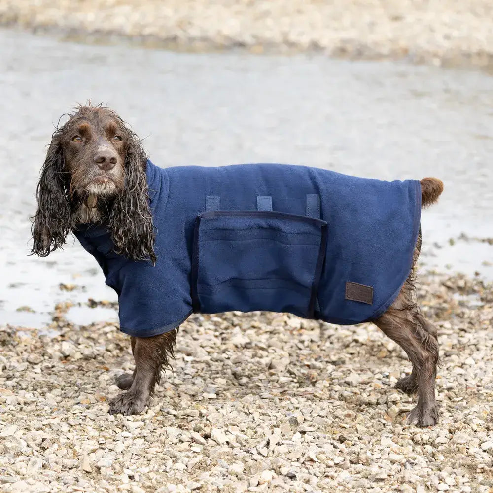 Navy blue fleece dog robe with front pocket and adjustable straps perfect for flo classic drying and dog robe for drying