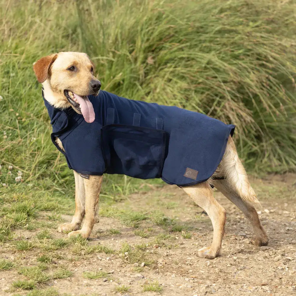 Navy blue waterproof flo classic drying dog robe with front pocket and adjustable straps for drying pups