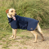 Navy blue waterproof flo classic drying dog robe with front pocket and adjustable straps for drying pups
