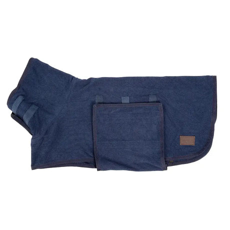 Navy blue woolen dog robe for drying with front pocket and brown leather patch from benji and flo classic drying line