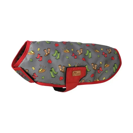 Gray and red waterproof benji & flo country walks dog coat with autumn boots leaves and hats pattern perfect dog coat match