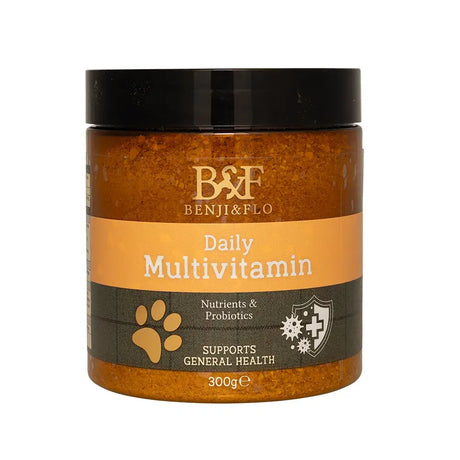 A 300g amber glass jar with black lid labeled benji & flo daily multivitamin for daily health support