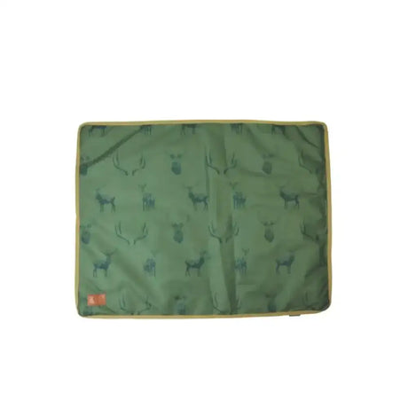 Olive green benji & flo divine deer dog bed with dark teal deer and antler pattern and tan fabric border