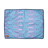 A light blue benji & flo dachshund dog bed with pink and teal dachshund pattern and navy trim from flo dorris