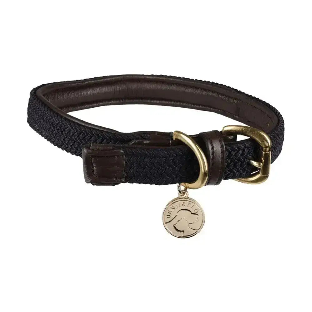 Dark brown woven leather flo interlaced dog collar with brass buckle and benji & flo metal tag