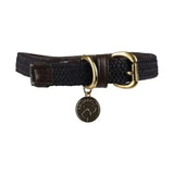 Dark brown woven flo interlaced dog collar by benji & flo with brass buckle and matching metal tag