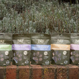 Five olive green benji & flo little paws groove mobility treats pouches with colored bands and paw-shaped snacks visible