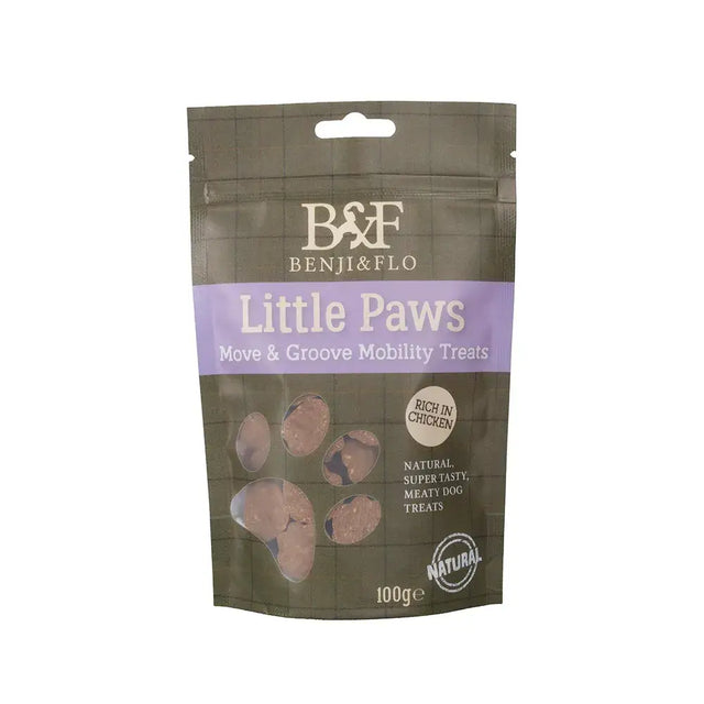 A dark green and purple benji & flo little paws pouch showing chicken flavored meaty groove mobility treats inside