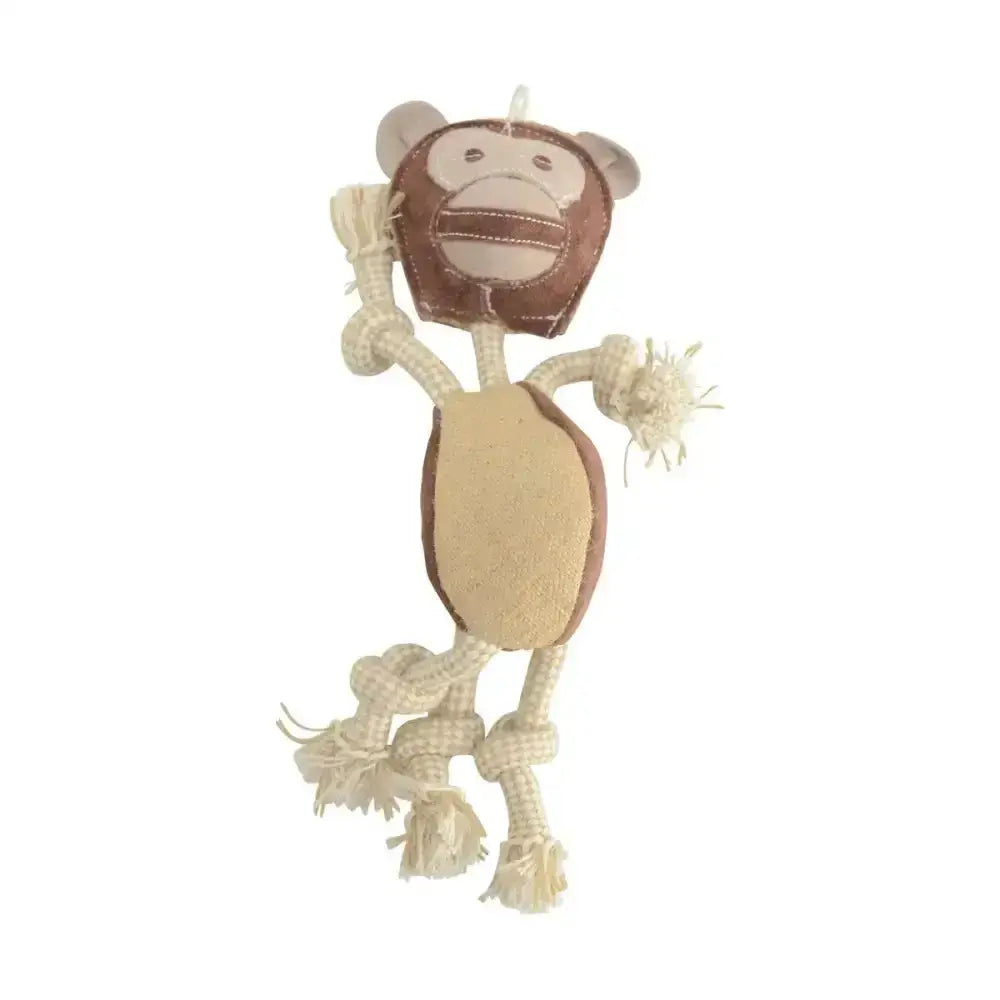 Benji and flo natural eco-friends cheeky monkey dog toy is a brown and beige eco-friendly rope toy with rope limbs and tassels