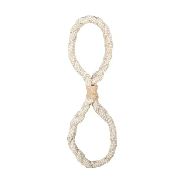 Beige braided eco-friendly rope toy with reinforced knot and natural leather accent by benji & flo natural eco-friends