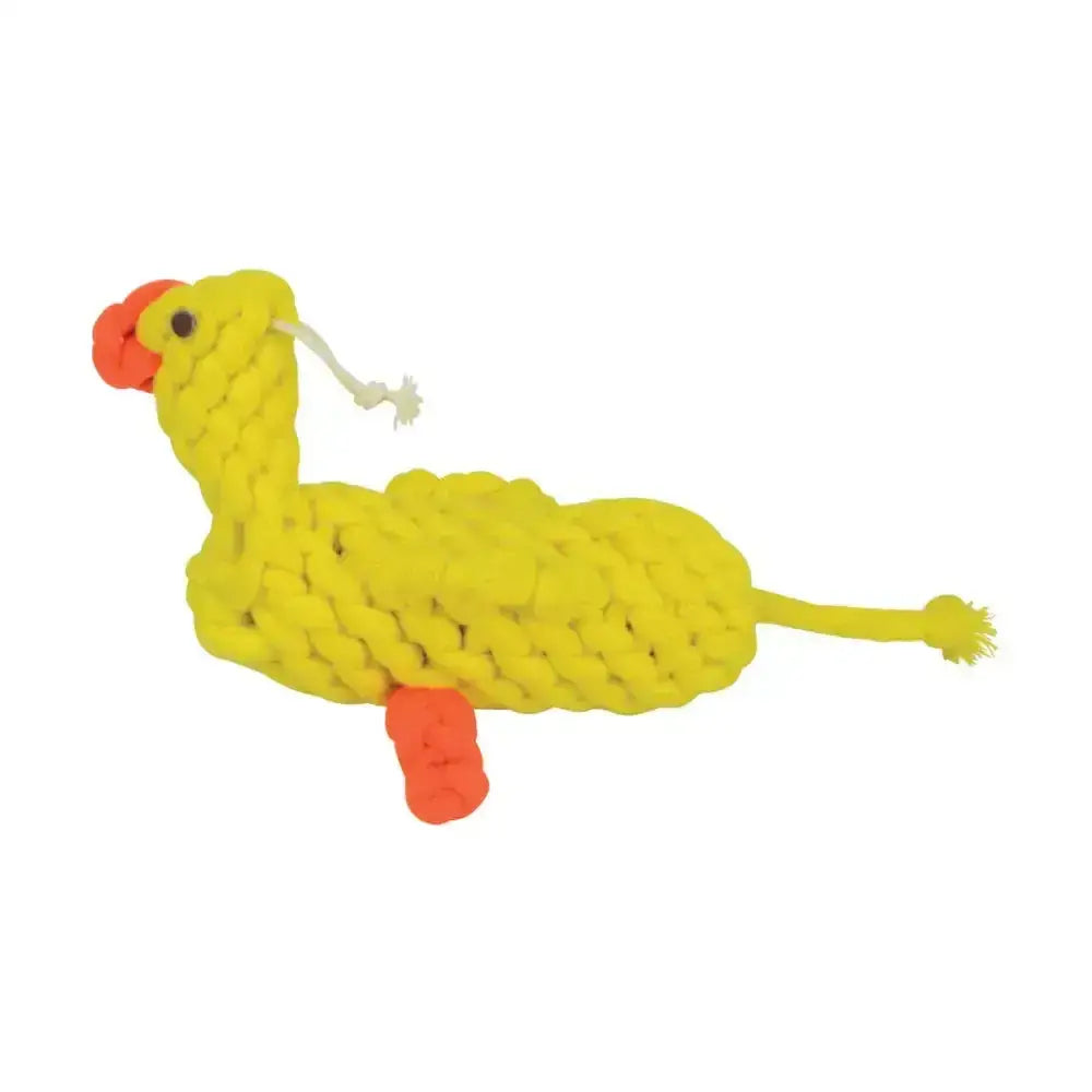 Yellow braided rubber duck toy with orange beak and feet by benji & flo natural eco-friends chicken dog toy
