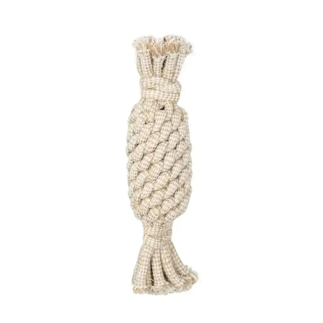 Beige braided rope dog toy with frayed ends and knotted top from flo natural eco-friends pineapple shaped line