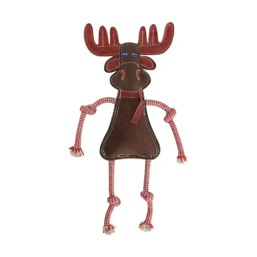 Benji & flo natural eco-friends rudolf dog toy made of brown leather with red antlers blue button eyes and checkered rope limbs