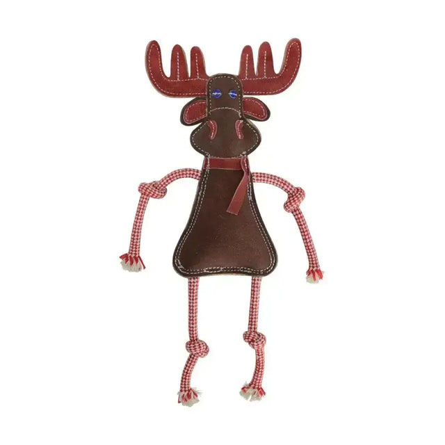 Benji & flo natural eco-friends rudolf dog toy made of brown leather with red antlers blue button eyes and checkered rope limbs