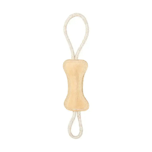 Beige flo natural eco-friends tug bone dog toy with eco-friendly braided rope handle for interactive play