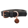 Black flo noble suede dog collar with rose gold buckle and matching charm featuring the brand name benji & flo