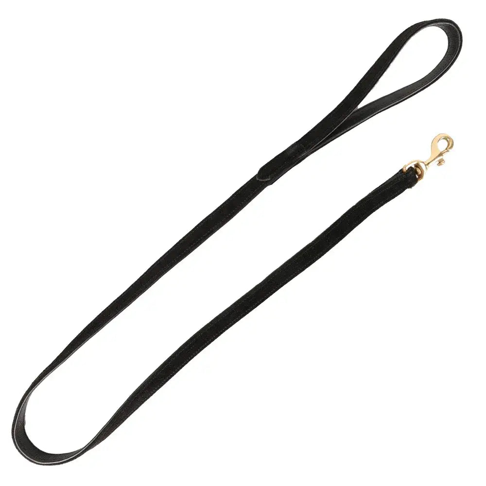 Black leather noble suede dog lead with gold-toned metal clasp from benji & flo perfect for stylish walks