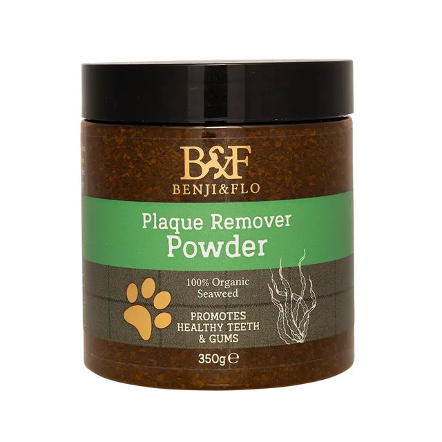 A brown jar with a black lid labeled benji & flo plaque remover powder for effective flo plaque removal