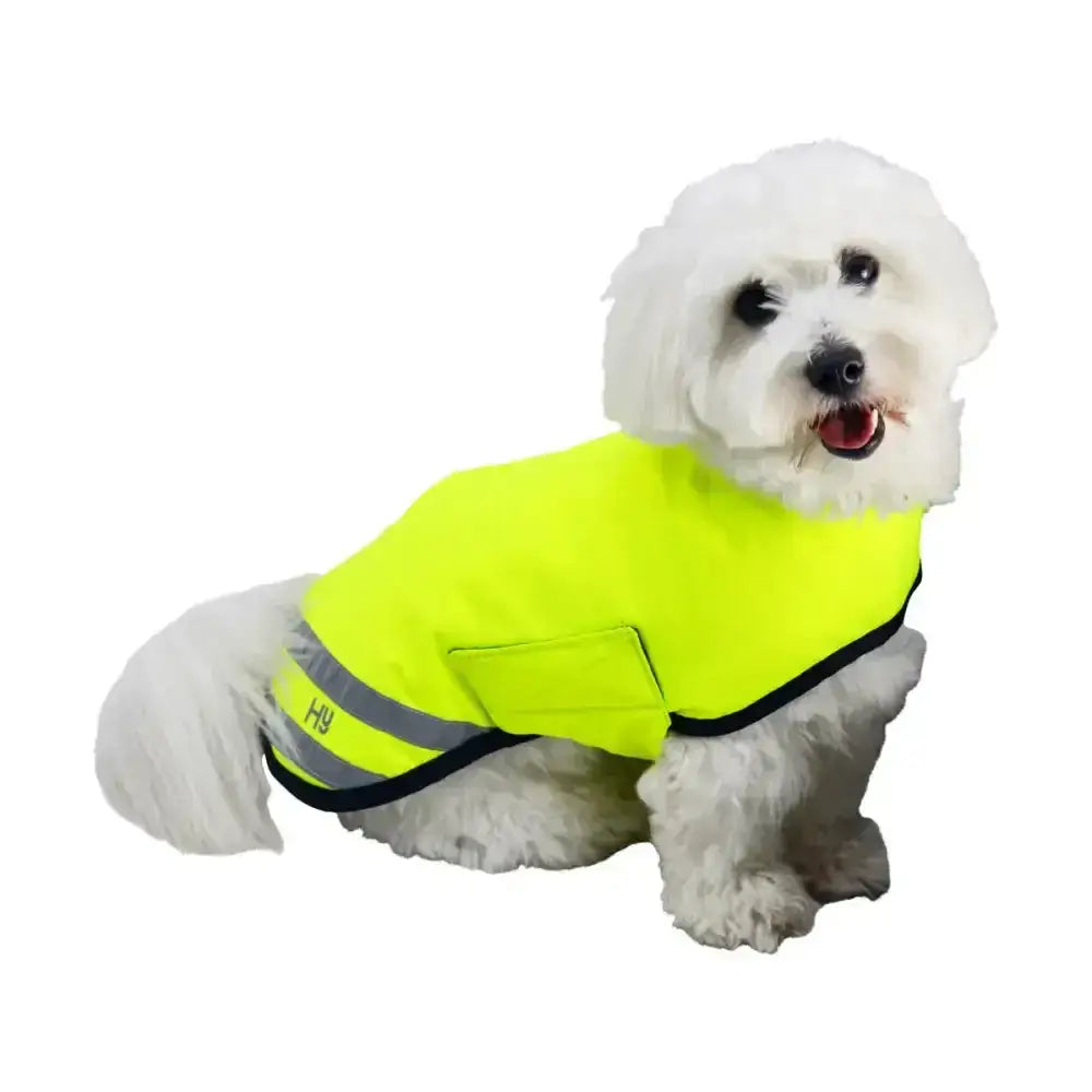 Bright neon yellow benji & flo reflector waterproof dog vest with black trim and gray safety stripes for visibility